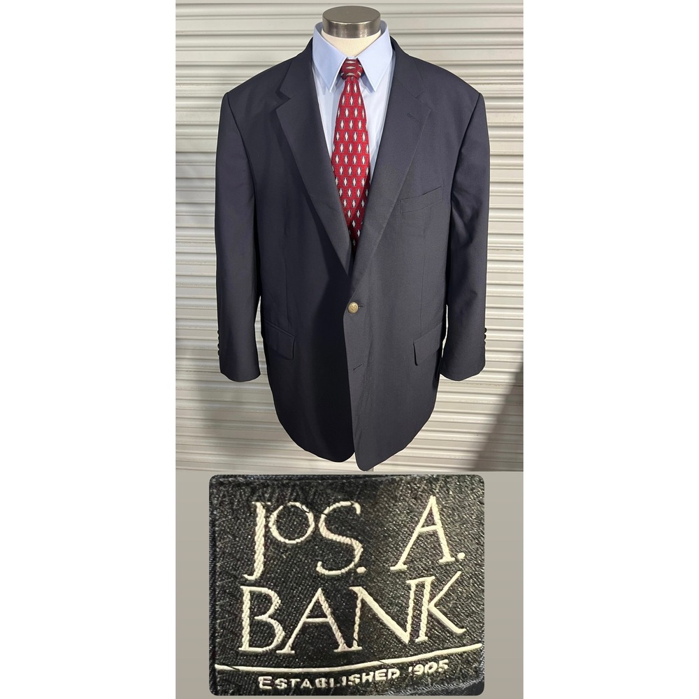 Jos. A. Bank Mens Navy Blue Woolโ 2-Button Blazer Gold Crest Buttons 52R